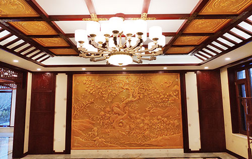 松山湖管委会中式别墅客厅中式木作横梁吊顶装饰展示