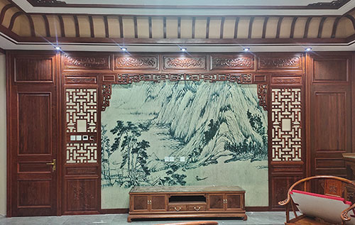 松山湖管委会中式仿古别墅客厅背景墙花格木作装饰